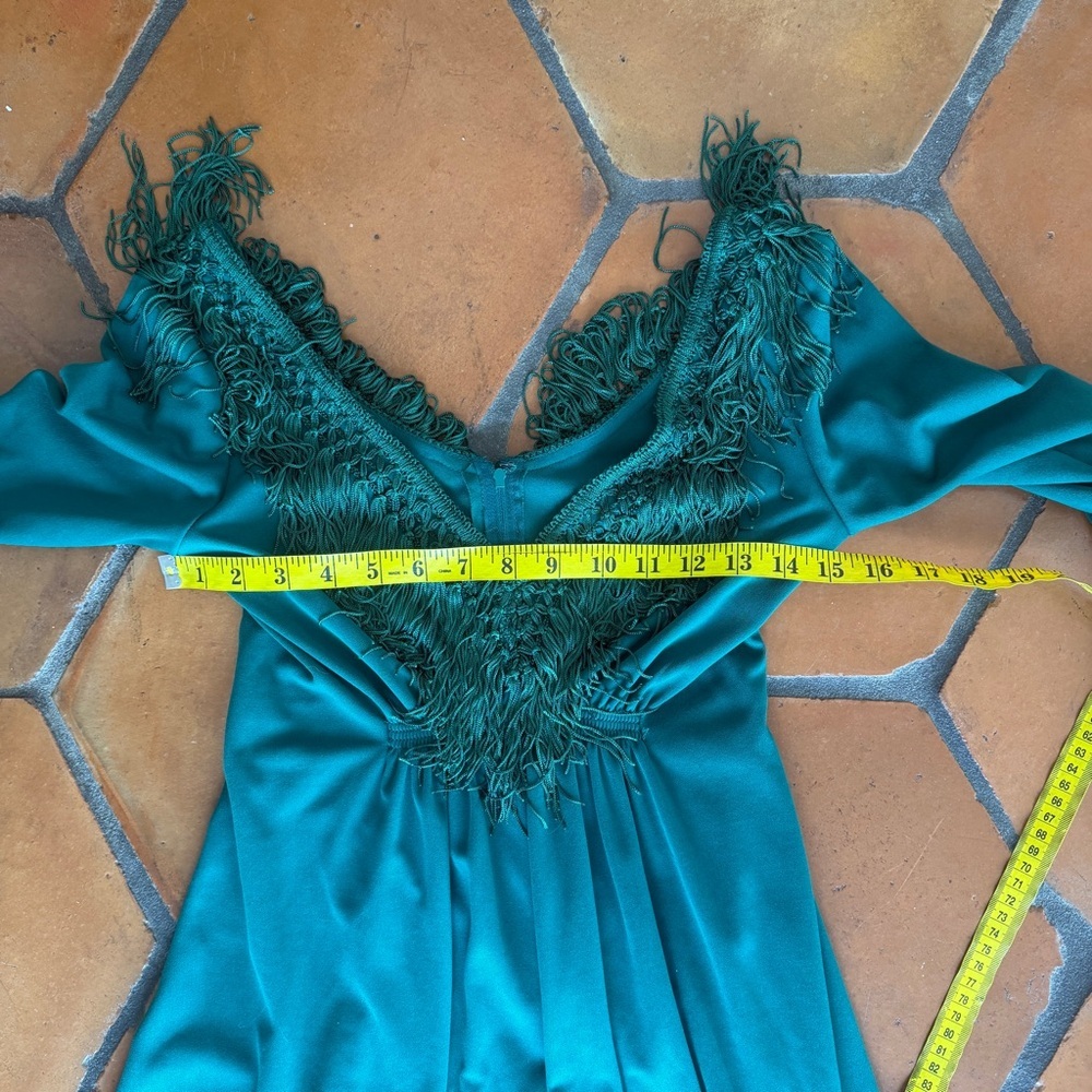 Vintage 70s Disco Soul Train Studio 54 Maxi Dress Green Fringe Cocktail Party 8 - Picture 8 of 8